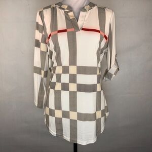 Fashion Women Sz XL Plaid Top bone red black cream Henley 3/4 roll up sleeves